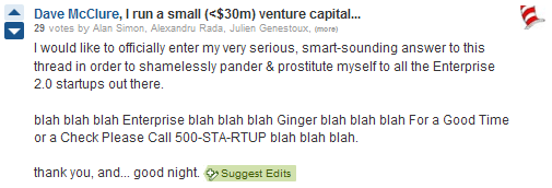 Dave McClure answer about VCs investing in E20